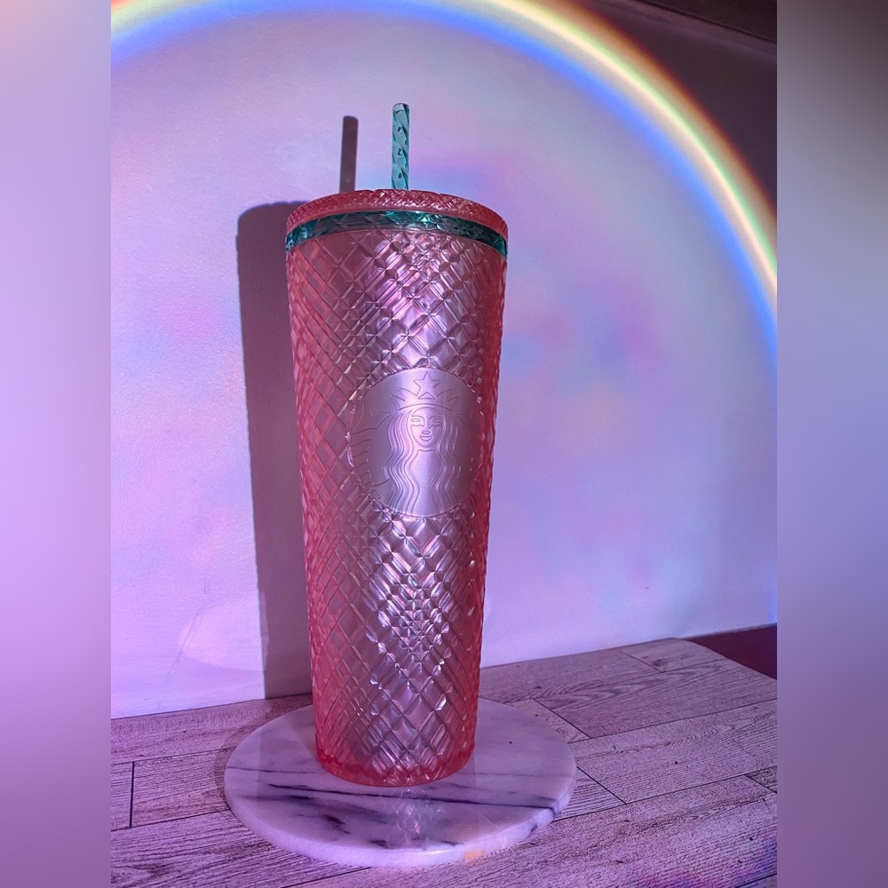 Starbucks Venti Pearl Pink and Green Jeweled Tumbler